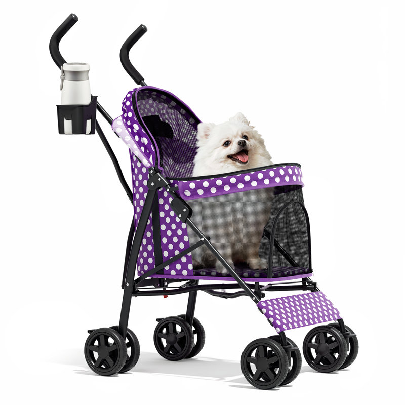 4-Wheel Folding Pet Stroller, Foldable Dog Jogger Stroller with Adjustable Canopy and Cup Holder, White/Purple