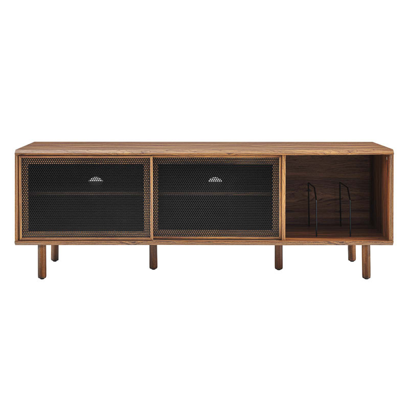 Walnut 67" TV and Vinyl Record Stand with Metal Mesh Doors