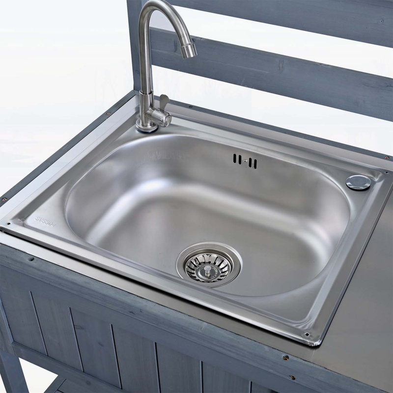 Îlot de cuisine avec évier, tablettes mobiles et ouvre-bouteille pour la cuisine, Gris