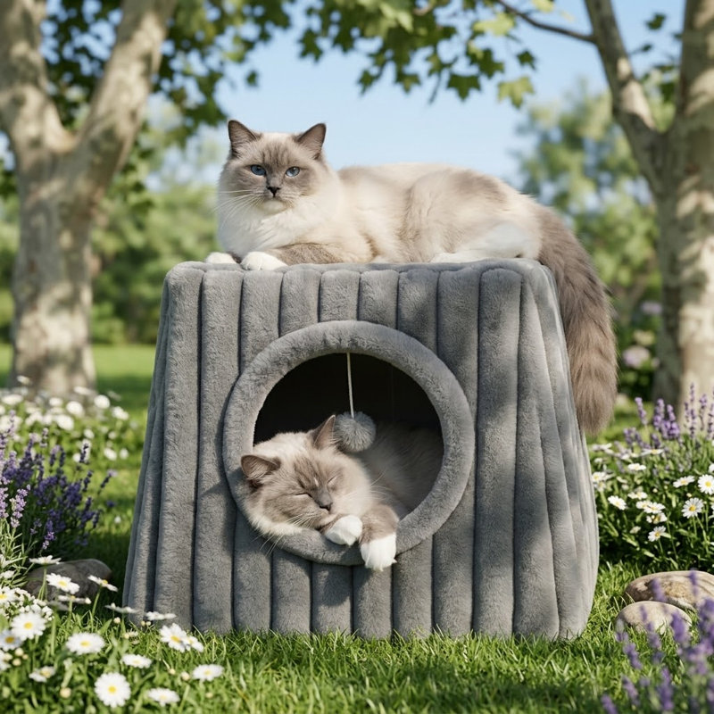Maison d'intérieur pour chat - Grand lit pour chat avec boules moelleuses et patins à gratter, maison et appartement pliables avec patins, convenant à plusieurs chats, gris foncé, grand