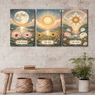 Set of 3 Celestial Tarot Canvas Prints, Antique Illustration Moon Sun Star Lotus Flower Pastel Scenic Spiritual Boho Wall Decor