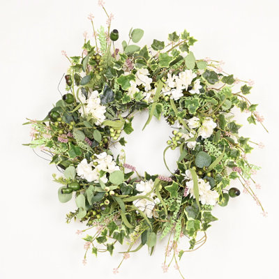 24" Artificial Farmhouse Greenery Ivy Eucalyptus Berry Hydrangea Spring Summer Floral Wreath For Front Door
