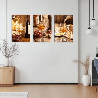 Ensemble de 3 tableaux sur toile représentant du vin et des raisins, pour la décoration de la cuisine, du salon ou du bar.