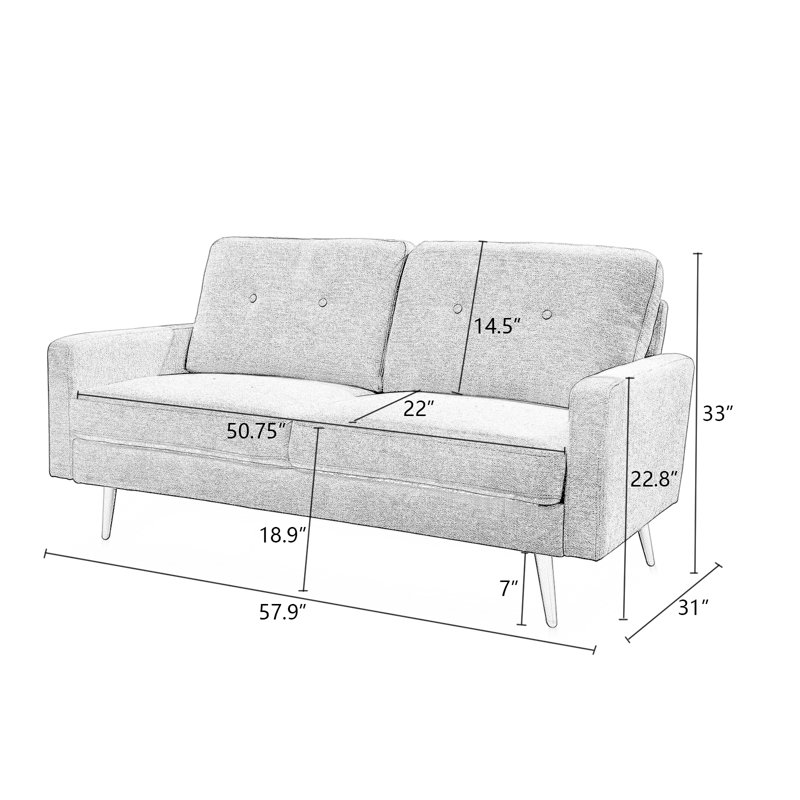 Upholstered Sofa, Light Gray Polyester, 33" H x 58" W x 31" D, 2