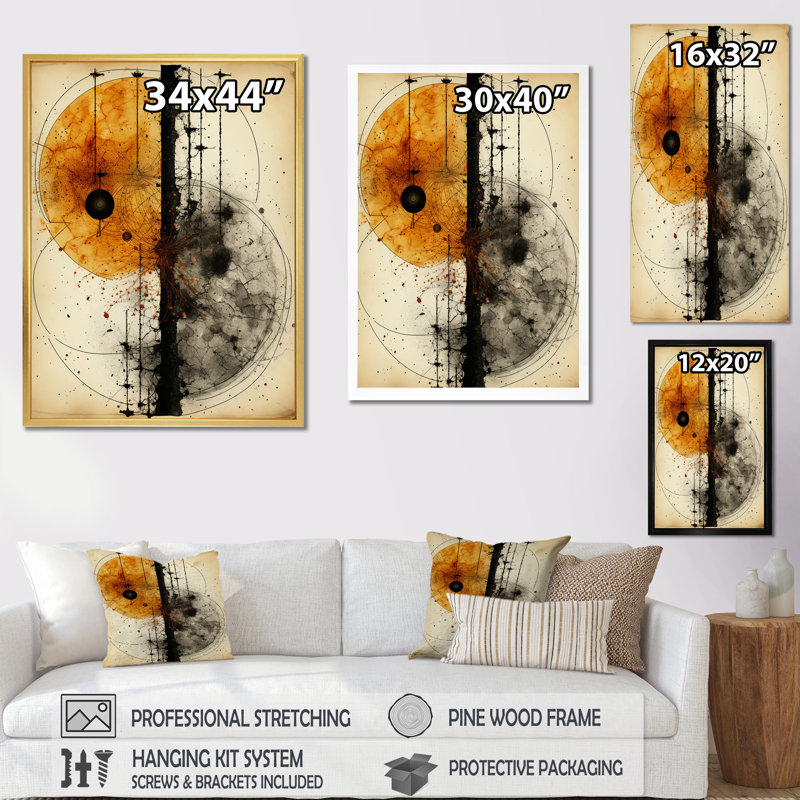 Harmony, circulaire, abstrait, orange, blanc, noir I - art mural moderne sur toile géométrique, 32" H x 24" W, Toile tendue