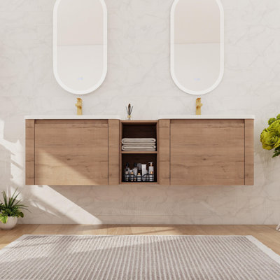 68'' Double Floating Bathroom Vanity With Ceramic Sink, Wall Mounted Bathroom Vanity With 2 Soft Close Doors And Shelf