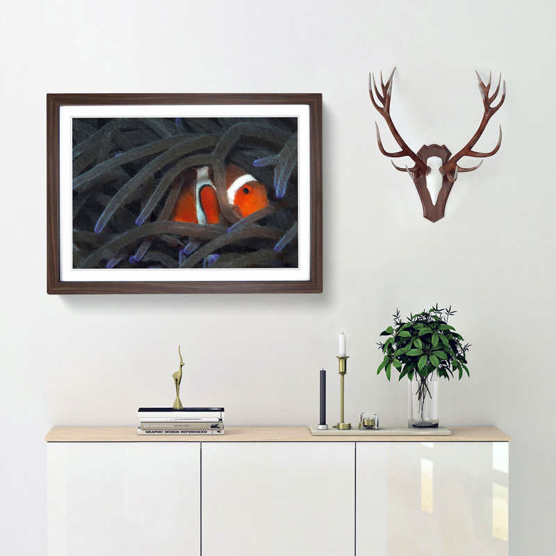 Peeping Clownfish - Picture Frame Painting Print, 48cm H x 65cm W x 2cm D, Walnut Framed