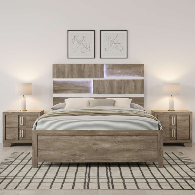 Ensemble de chambre à coucher grand lit 3 pièces avec deux tables de chevet, tête de lit géométrique avec éclairage à DEL intégré, bois massif brun clair et bois aggloméré, style contemporain