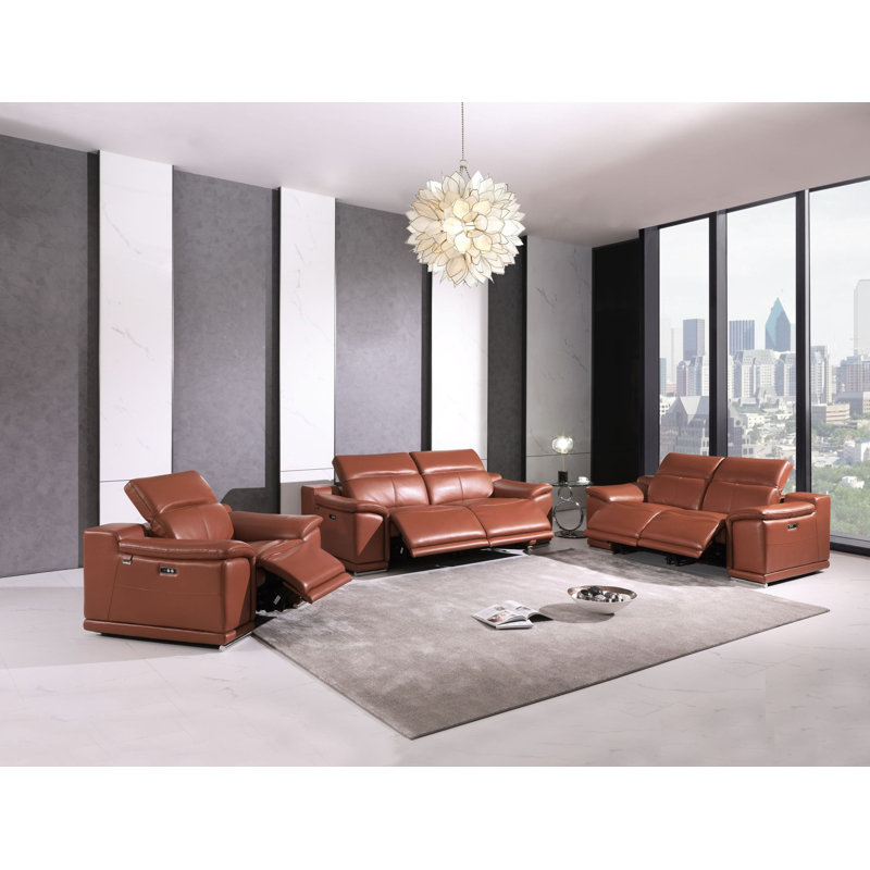 Ensemble de salon inclinable 3 pièces en cuir véritable italien Kingswood, Cuir véritable blanc