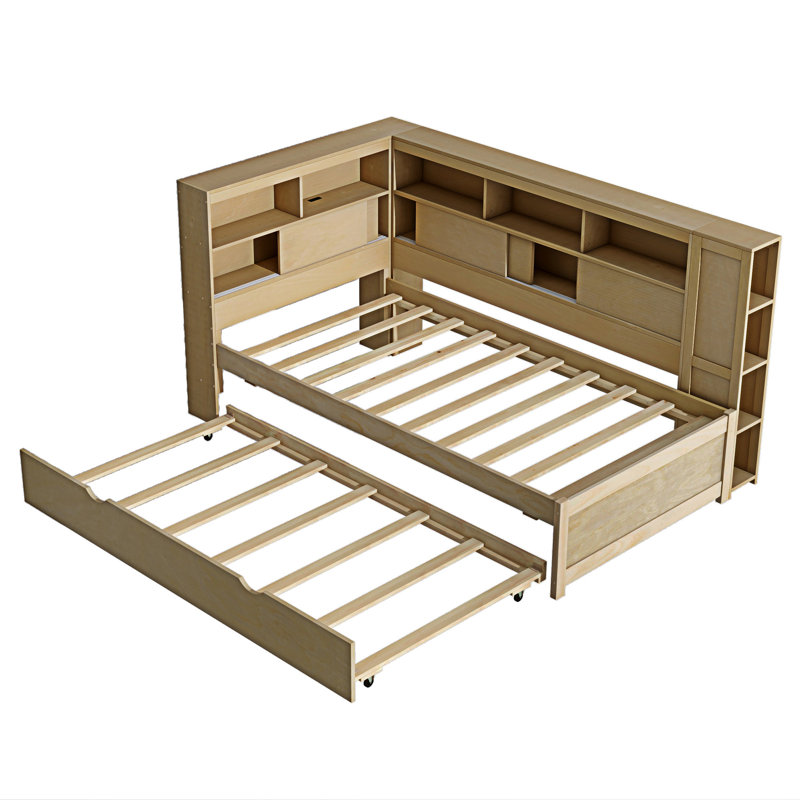Lit de jour en bois avec tablettes de rangement, Naturel