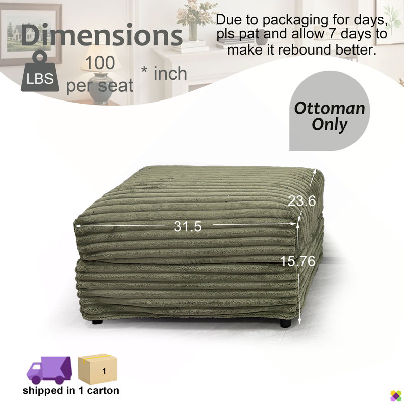 Gus 31.5"W Corduroy Ottoman, Olive Green