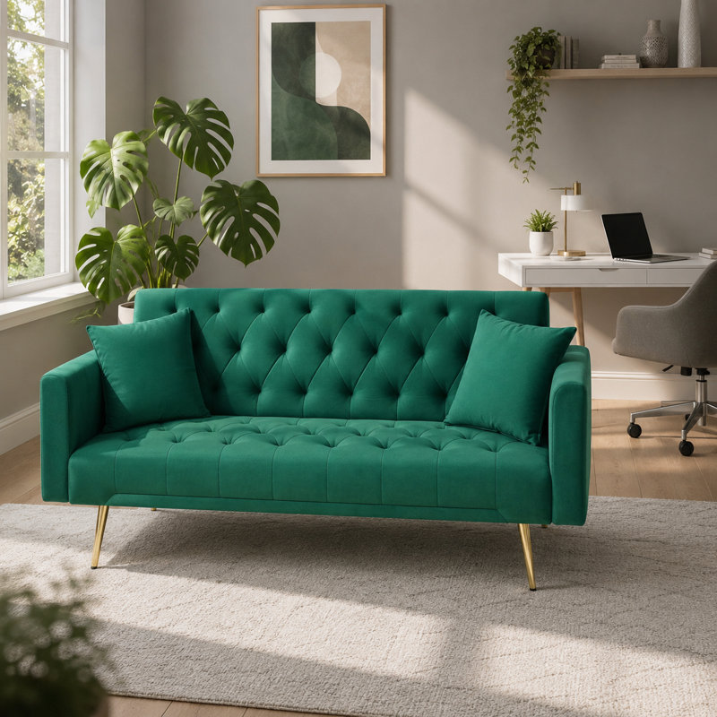 Thomias 71.01'' Velvet Convertible Sofa, Green Velvet