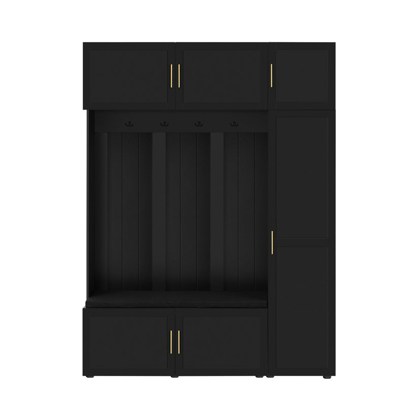 4-in-1 Hall Tree with Padded Bench, 4 Hooks, and Multi-Tier Storage Shelves, Antique Black