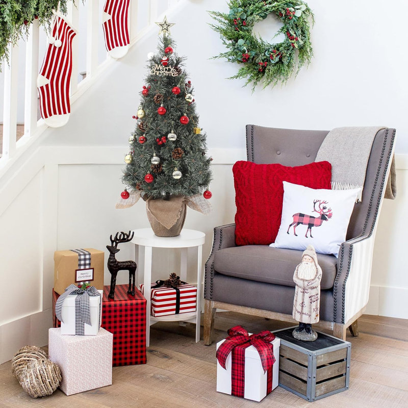 Arbre de Noël artificiel enneigé 3 pi avec base en pot, 78 lumières DEL blanc chaud, baies rouges et flocons de neige, petit mini arbre de Noël pour la maison, la chambre à coucher et le foyer