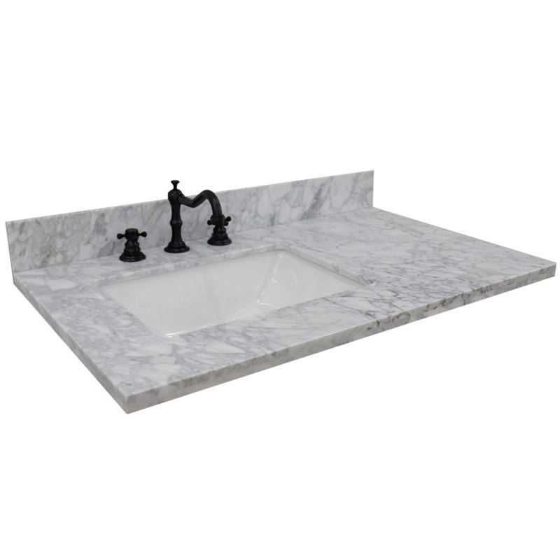 Plateau de meuble-lavabo simple 37 po avec lavabo, Gauche, Marbre de Carrare blanc