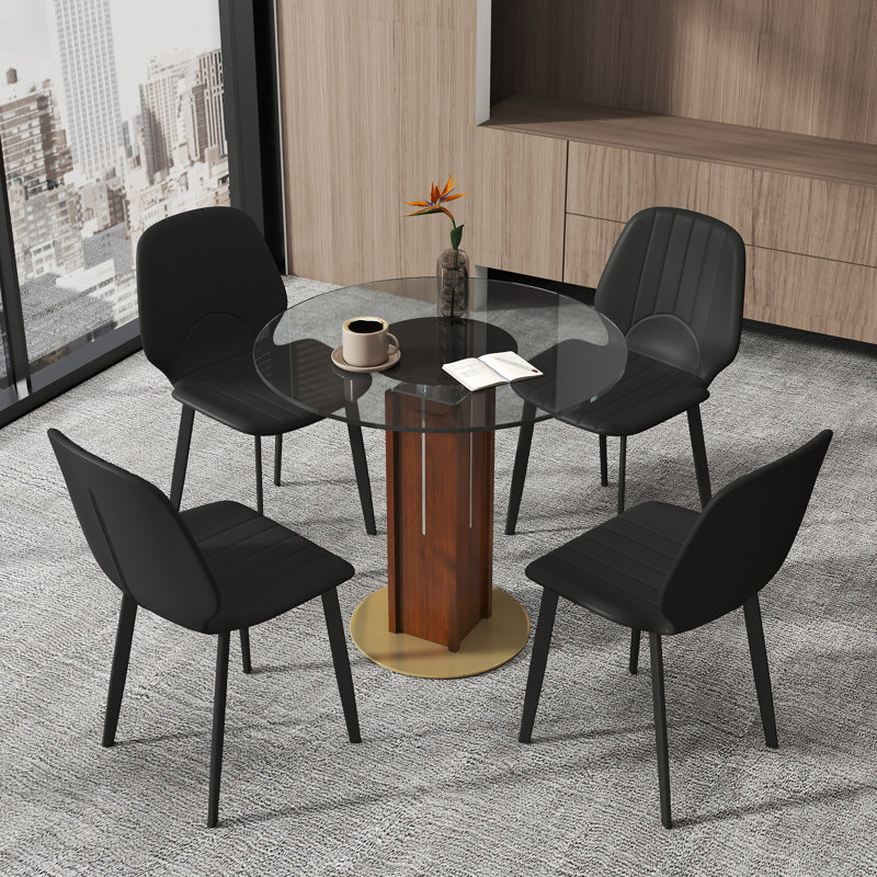 5-Piece Modern Round Tempered Glass Conference Table Set With 4 Leather Chairs, Black