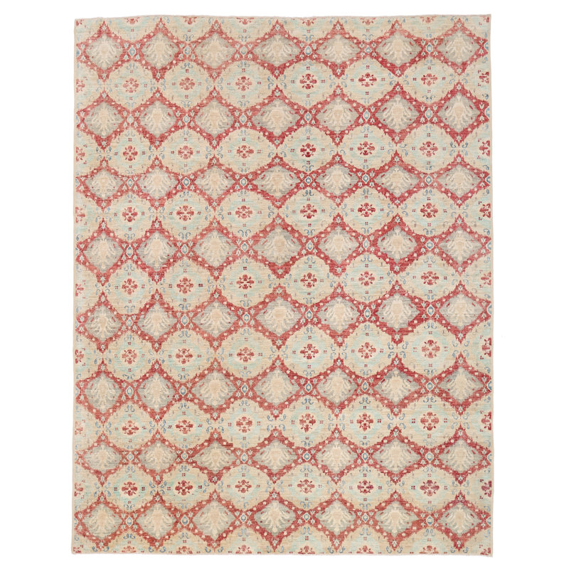 Tapis de zone en laine rouge/aqua 8 pi 9 po x 11 pi 4 po one-of-kind-noué la Vegetable Dye