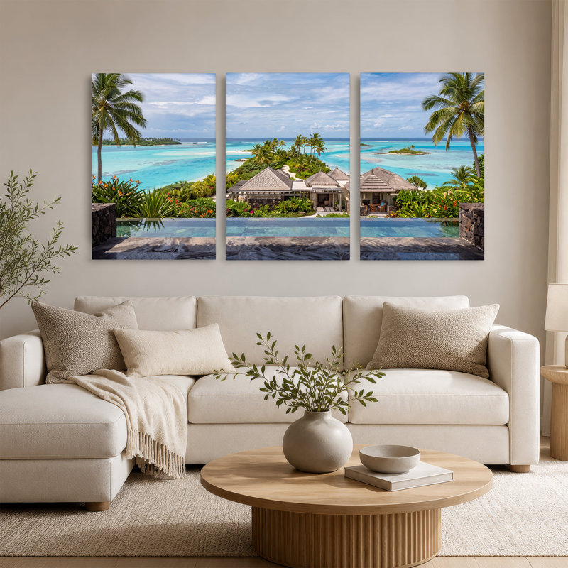 Ensemble de 3 toiles tropicales avec toits de chaume et turquoise, 24"H x 16"W x 3pcs