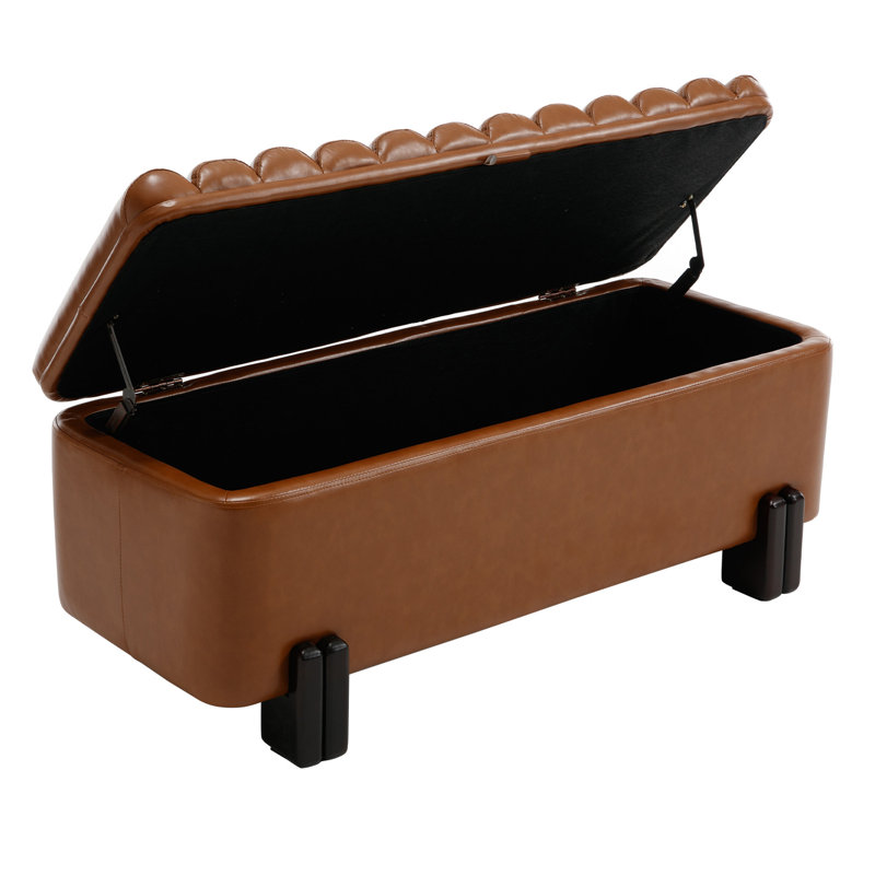 Banc de rangement rembourré à dessus rabattable avec pieds en bois massif, Similicuir brun, Noir, noir, noir, noir
