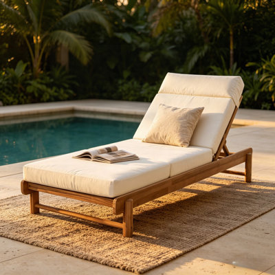 Ensemble de chaises longues en bois d'acacia clair teck: 1 structure + 1 coussin à 4 plis, capacité de 400 lb, dossier réglable à 3 positions, coussin épais de 4 po résistant à l'eau avec appui-tête intégré pour le patio près de la piscine