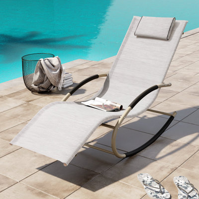Blizzard Patio Rocking Chair Curved Rocker Chaise Lounge Chair With Pillow For Beach Yard Pool Outdoor Indoor, Gray Steel Frame