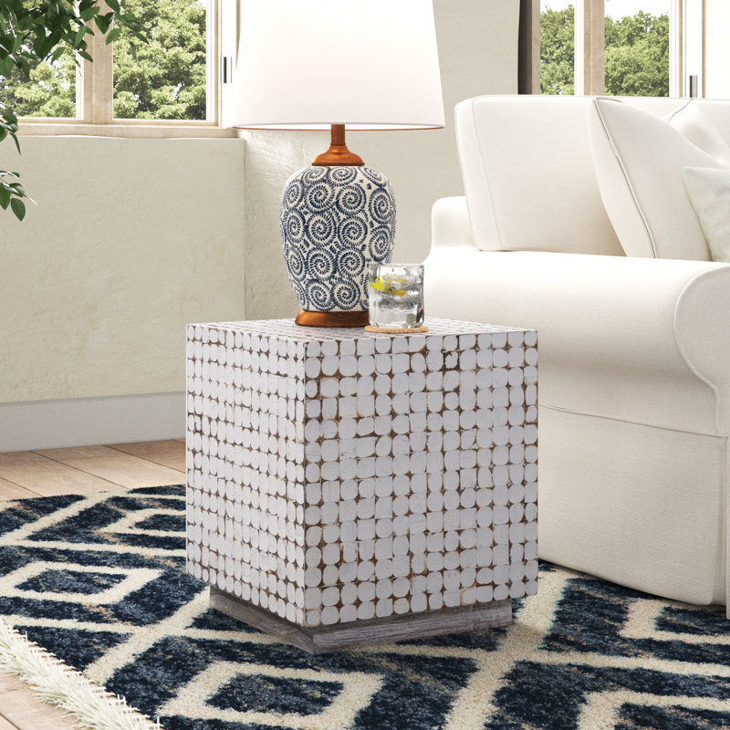 Abbie Square Coconut Shell End Table, White
