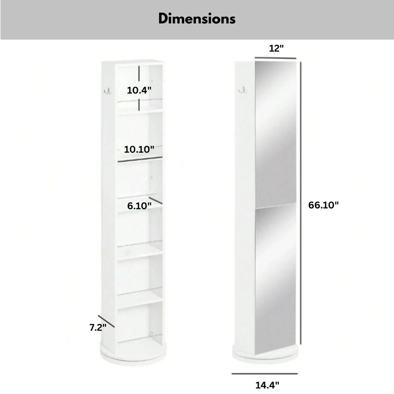 Rotating Bathroom Storage Cabinet with Full-Length Mirror, 360-Degree Swivel, White