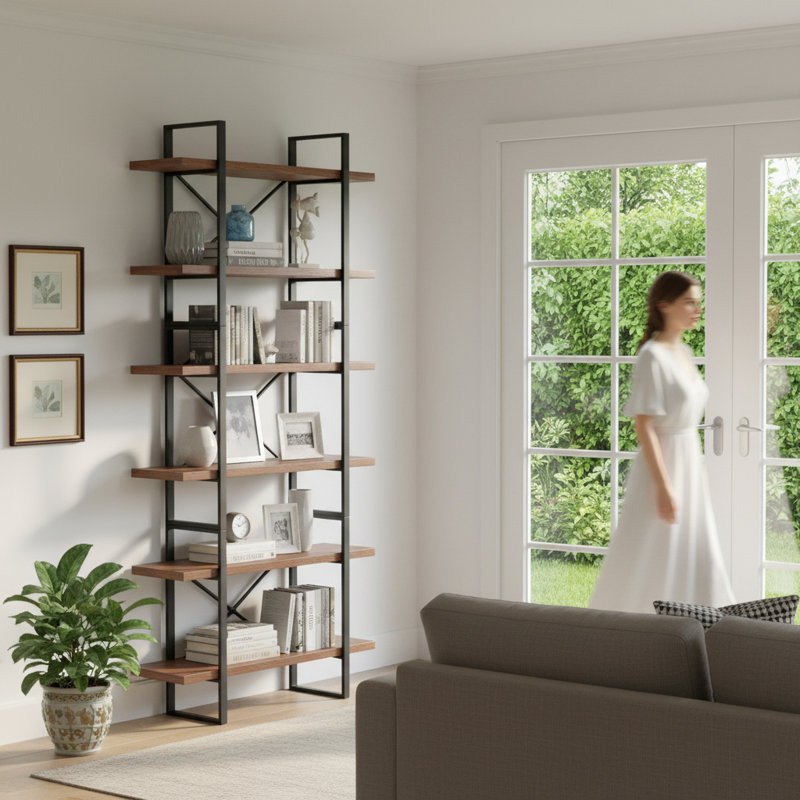 Etagere Bookcase, (6 Shelves) 85” H x 35” W x 13”D, Black/Brown