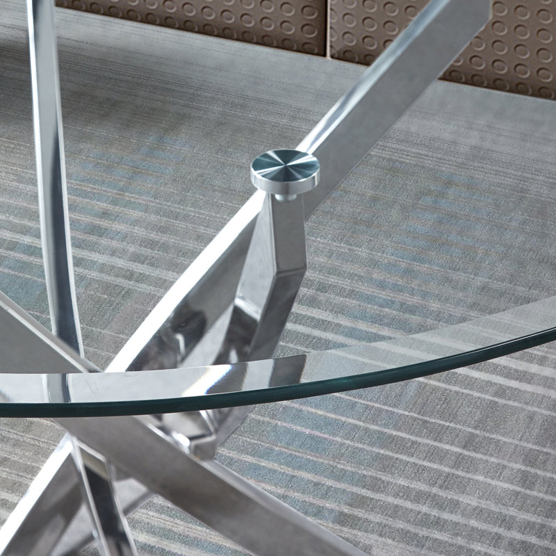 Table de salle à manger ronde contemporaine en verre trempé transparent avec pieds sculpturaux en acier inoxydable argenté et verre épais de 0,39 pouce, d'une hauteur de 30,1 pouces, pouvant accueillir quatre supports en métal, diamètre 36, assise confortable pour