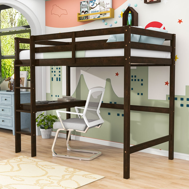 Twin Wood High Loft Bed With Desk And Safety Features, White