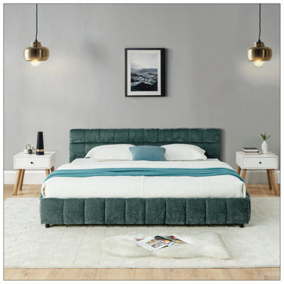 Lit tapissier très grand californien, base de lit rembourrée confortable, tissu chenille, avec tête de lit et base de lit solide. Avec tiroir pour le rangement - bleu-vert (90,5 po x 80,5 po x 31 po)