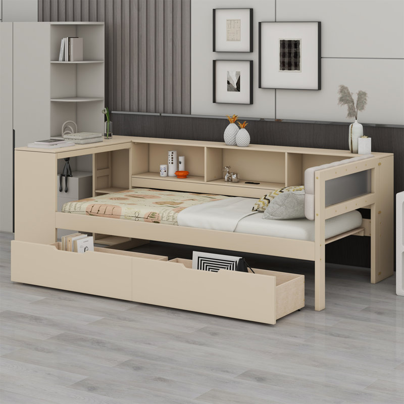 Platform Bed With Storage Shelves, Drawers, Charging Station And Upholstered Headboard, Twin, Cream
