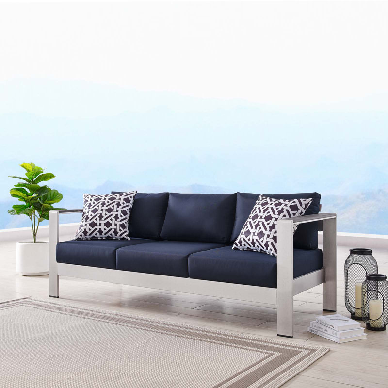 Shore Outdoor Patio Aluminum Sofa, Silver Navy
