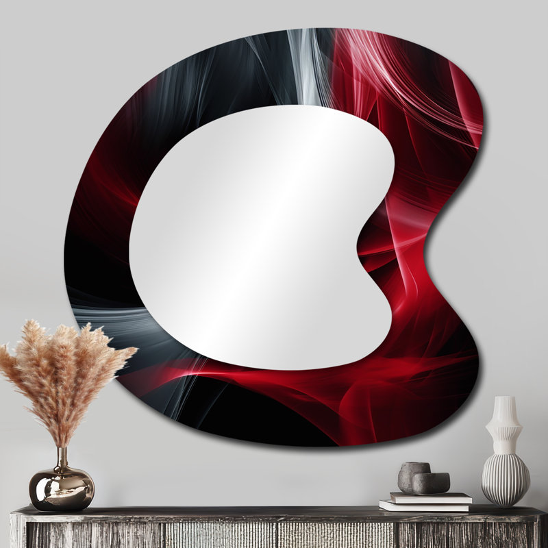 Red Black Contemplative Abstraction X - Irregular Abstract Waves Modern Unique Wall Mirror, 33" x 33"