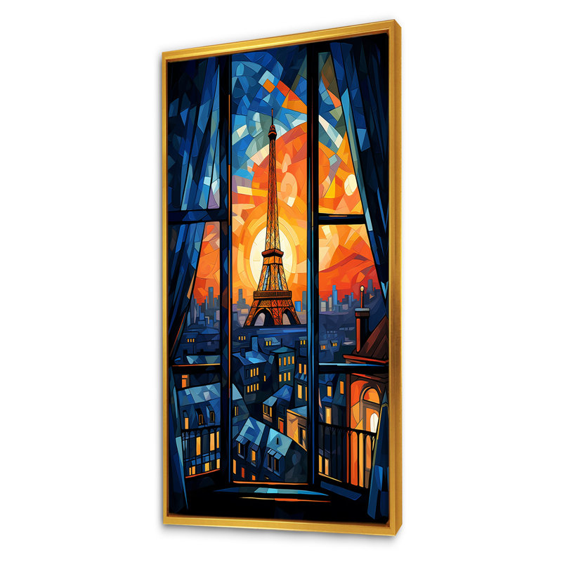 Cubic Paris Window View Elegant Sunset I - City Paris, art mural, Cadre flottant doré, H 60 po x l 28 po x P 1,5 po