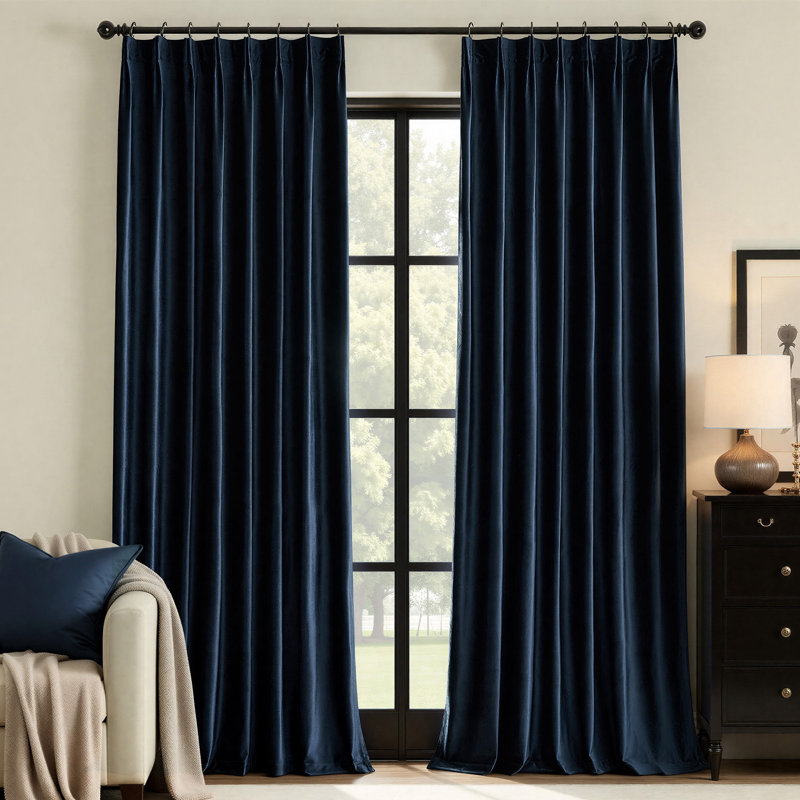 Luxury Pinch Pleated Velvet Blackout Curtains - Room Darkening 75%-95% Back Tab Drapes with Hooks+Rings (set of 2), Navy Blue