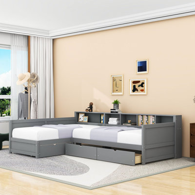 Lit de jour moderne en L simple en bois avec tablettes et tiroirs de rangement intégrés
