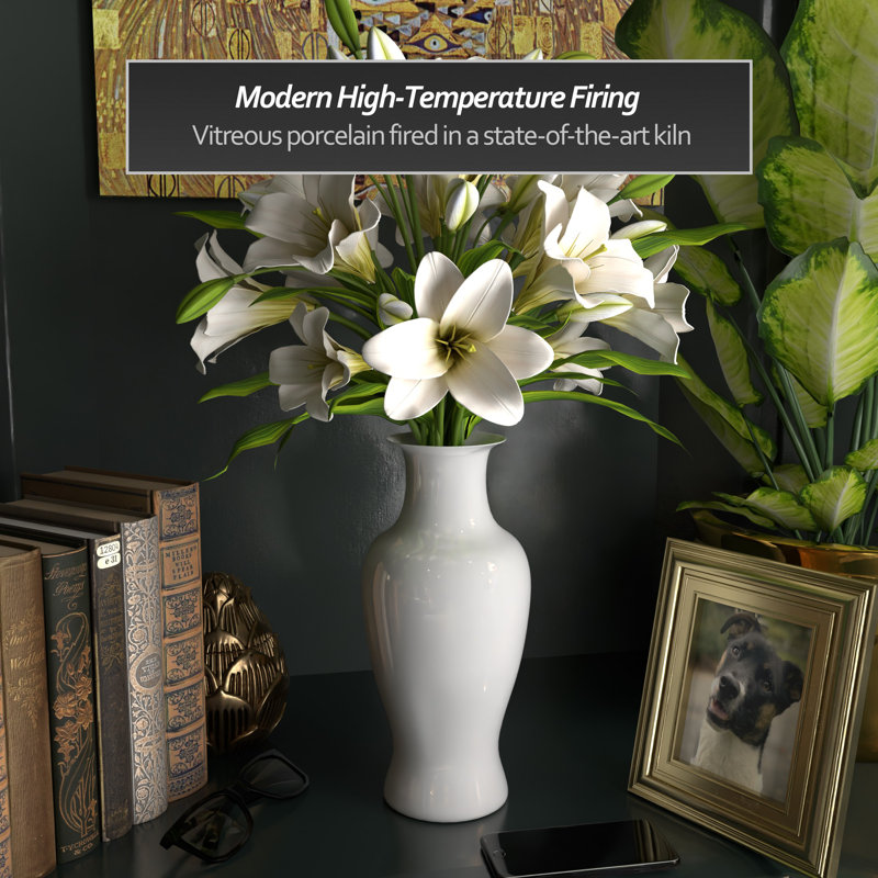 24" Blue And White Floral Porcelain Fishtail Vase, 12.25" H x 5.75" W x 5.75" D, White