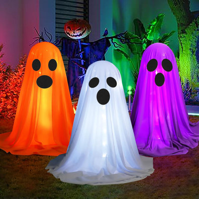 (Minuterie) Décoration d'Halloween en plein air, ensemble de 3 bricolages illuminés, décoration fantôme d'Halloween à DEL pour le porche de la cour