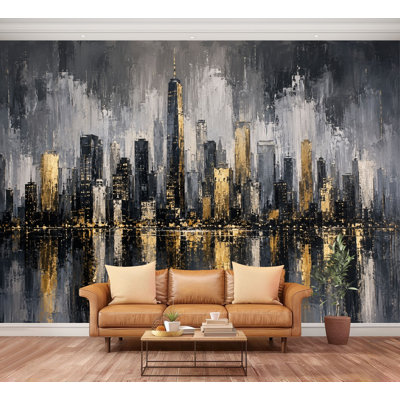 Papier peint adhésif autocollant, paysage urbain abstrait, tons de gris doré, papier réfléchissant auto-adhésif amovible, papier contact pour le salon, chambre à coucher H 100 po x l 144 po
