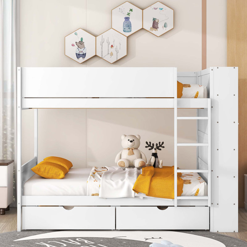 Lit superposé avec 2 tiroirs et armoire à couches multiples, gris, Simple
