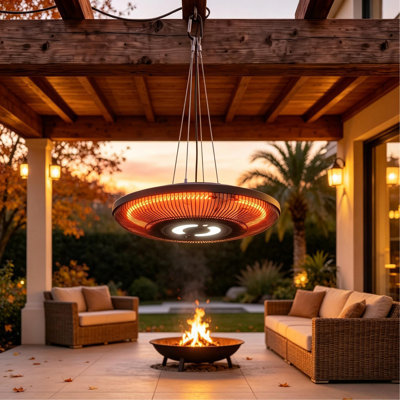Chauffage de terrasse infrarouge électrique à fixation plafond avec lumière DEL, 750-1500 W, étanche IP65, pour espaces extérieurs couverts