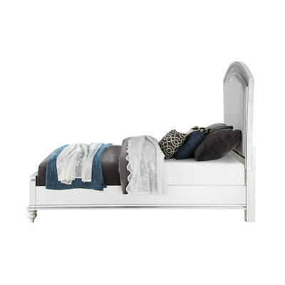 Classy . King Bed With Elegant Headboard Inlay And Wooden Construction Silver Synthetic Wood Padded Rectangular