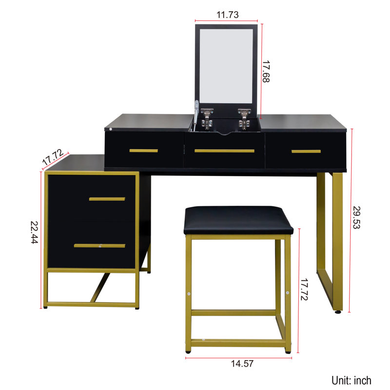 Bureau de table de commode noir avec miroirs de maquillage à 4 tiroirs H 29,53 po x P 17,72 po x l 39,37 po, Noir