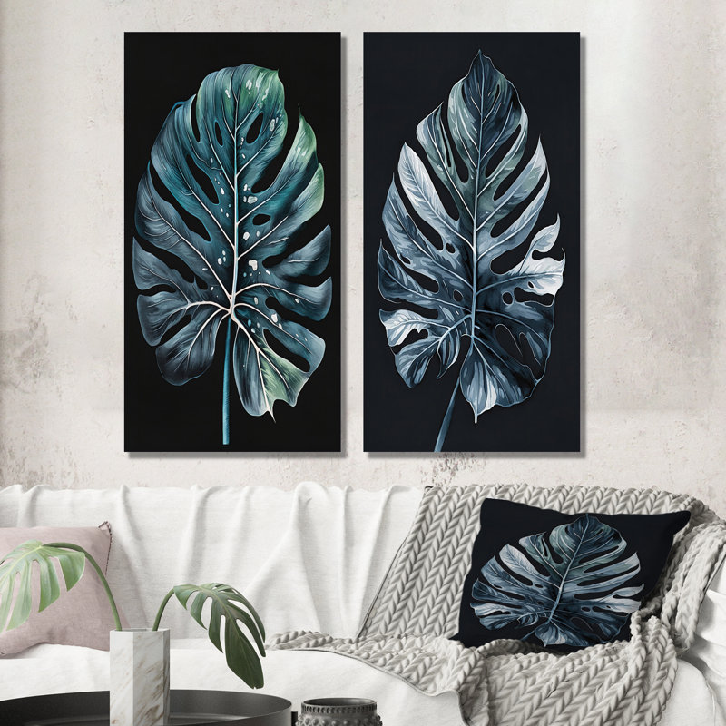 «Blue and White Philodendron Leaf», 2 pièces sur toile, H 32 po x l 32 po, Toile tendue