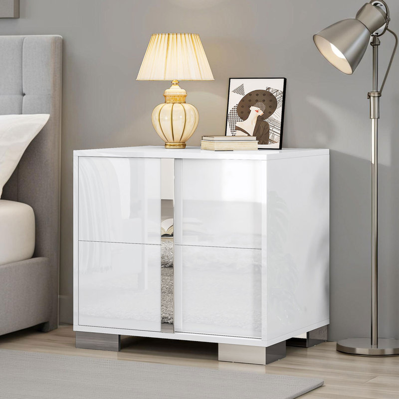 Table de chevet moderne lustrée de 23,6 po avec poignée à tirer électrolytique Mercidieu, blanc, Blanc, Individuel