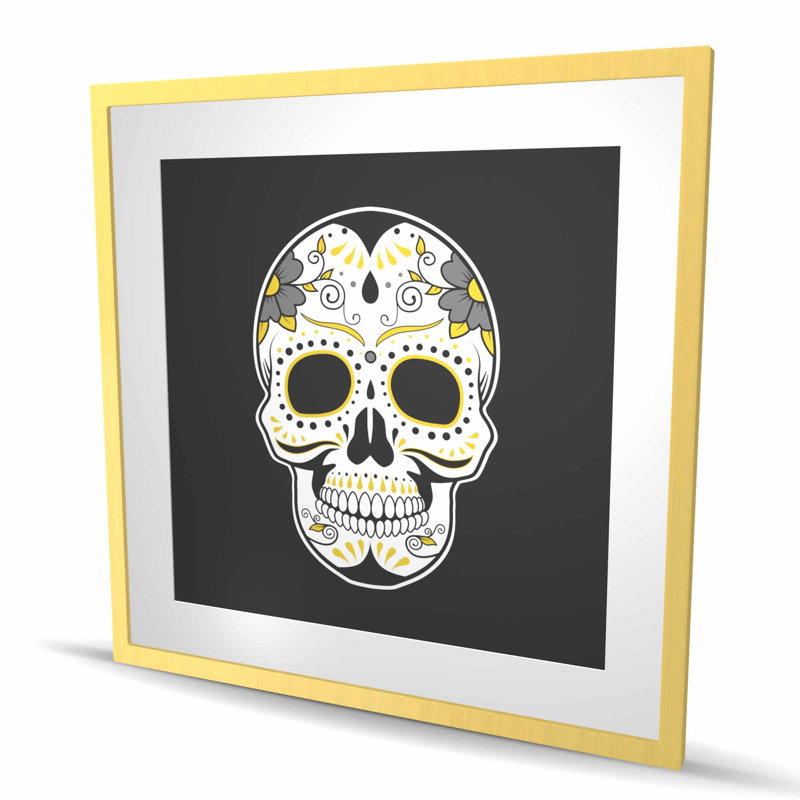 Tête de mort mexicain, reproduction encadrée pour la décoration intérieure, H 36 po x l 36 po, Doré