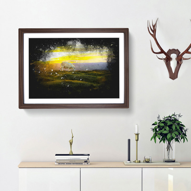 Grazing Sheep At Sunset Paint Splash - Picture Frame Graphic Art, 62cm H x 87cm W x 2cm D, Walnut Framed