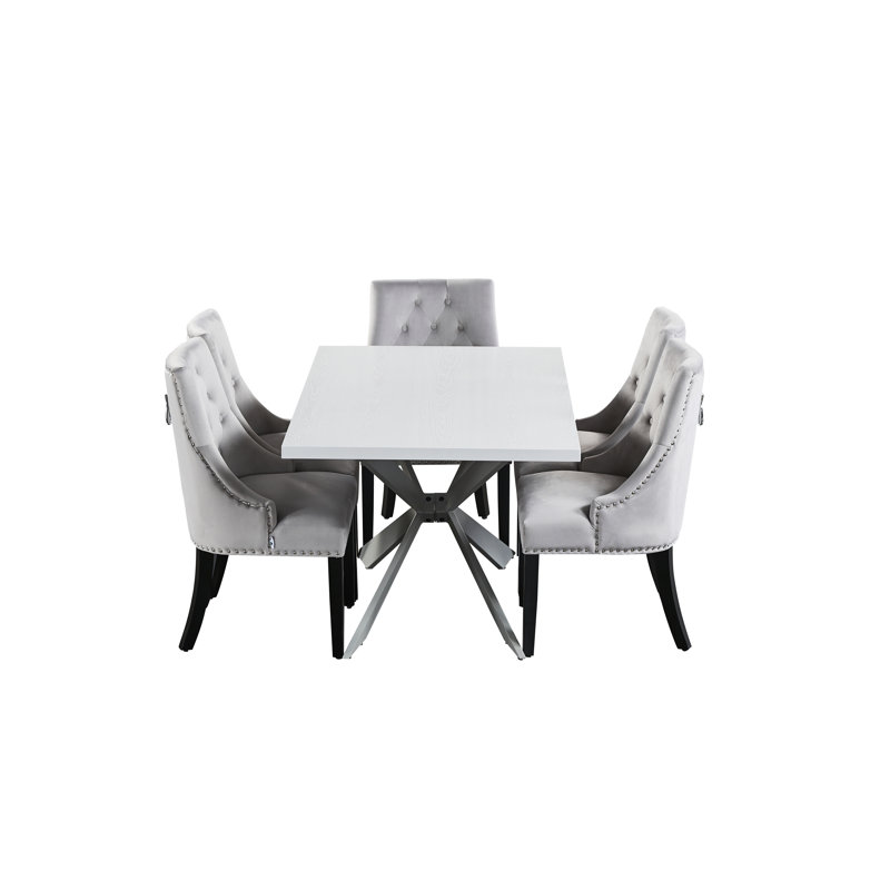 Graciela 6 Person Dining set - a Rectangular Wooden Dining Table with Metal Legs and a Set of 6 Quilted Ring Knocker Velvet Dining Chairs for Dining Room - Modern Dining Table Set