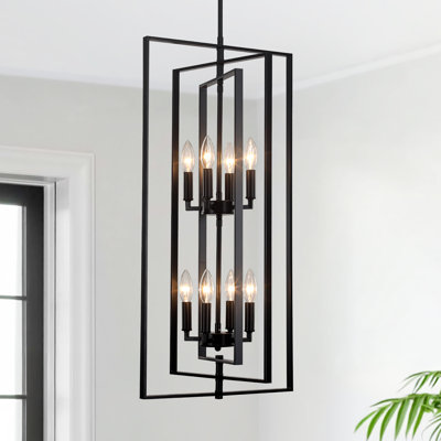 8-Light Lantern Tiered Modern Chandelier High Ceilings Fixtures Rustic Geometric 360 Degree Adjustable For Dining Room, Entryway, Foyer, Hallway, Bedroom